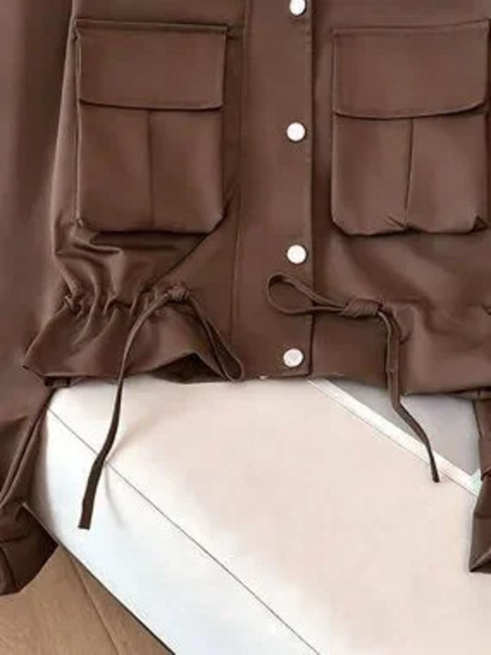 Coffee Brown Casual Women's Multi-Pocket Utility Jacket with Funnel Neck